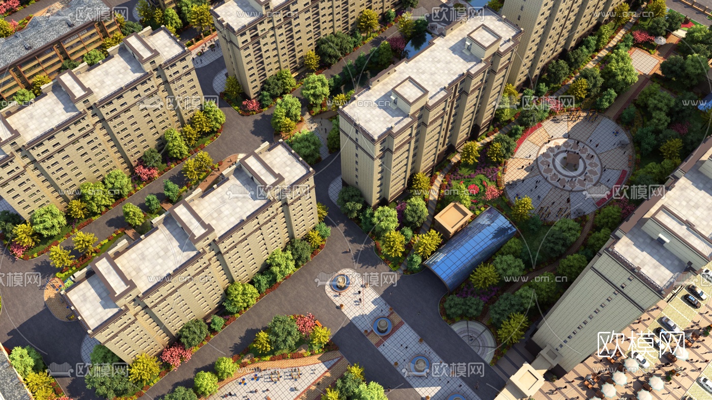 现代住宅小区鸟瞰规划3d模型