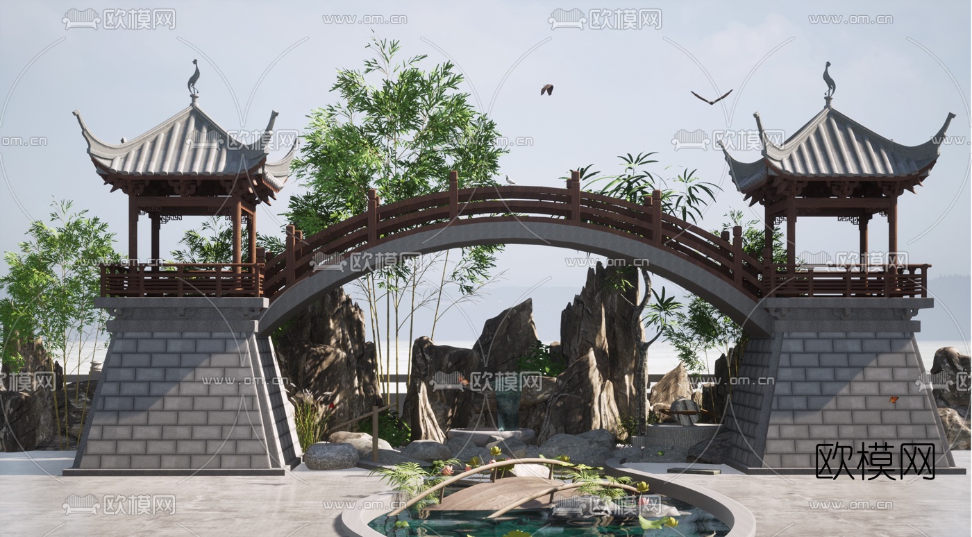 中式亭子园林景观su模型下载