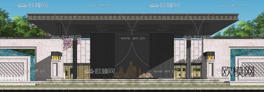 新中式售楼处外观su模型