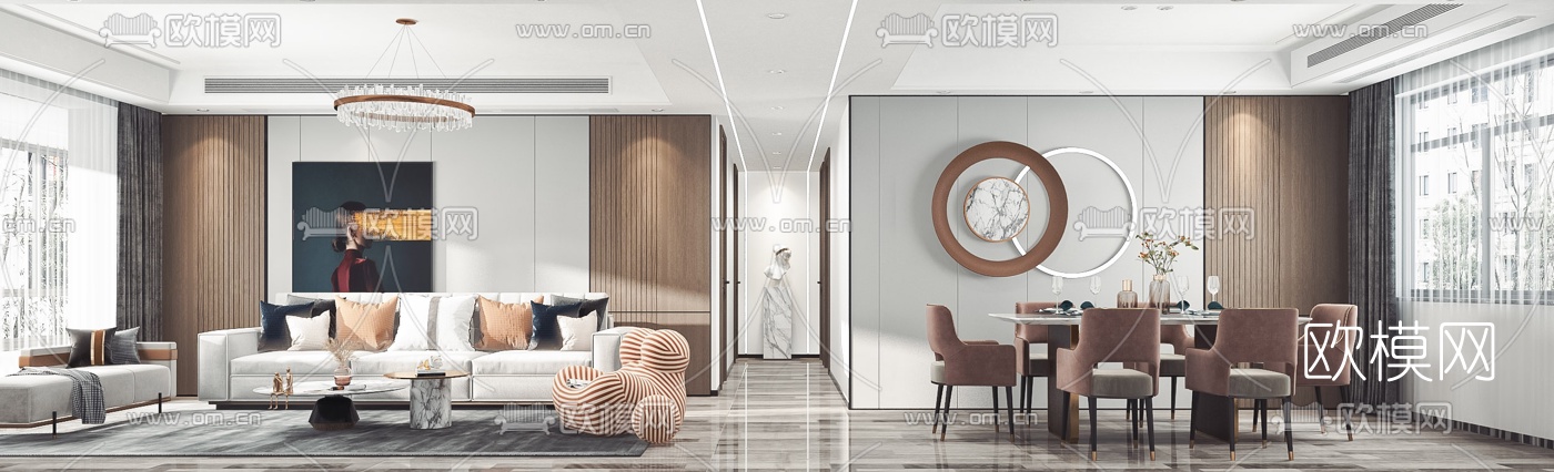 现代轻奢客厅餐厅su模型下载（渲染图1）