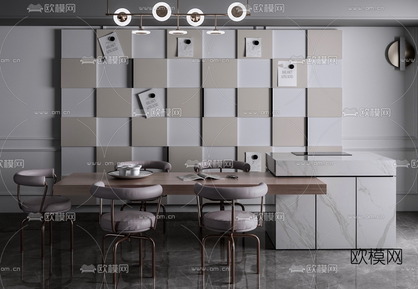 北欧中岛台餐桌椅3d模型下载