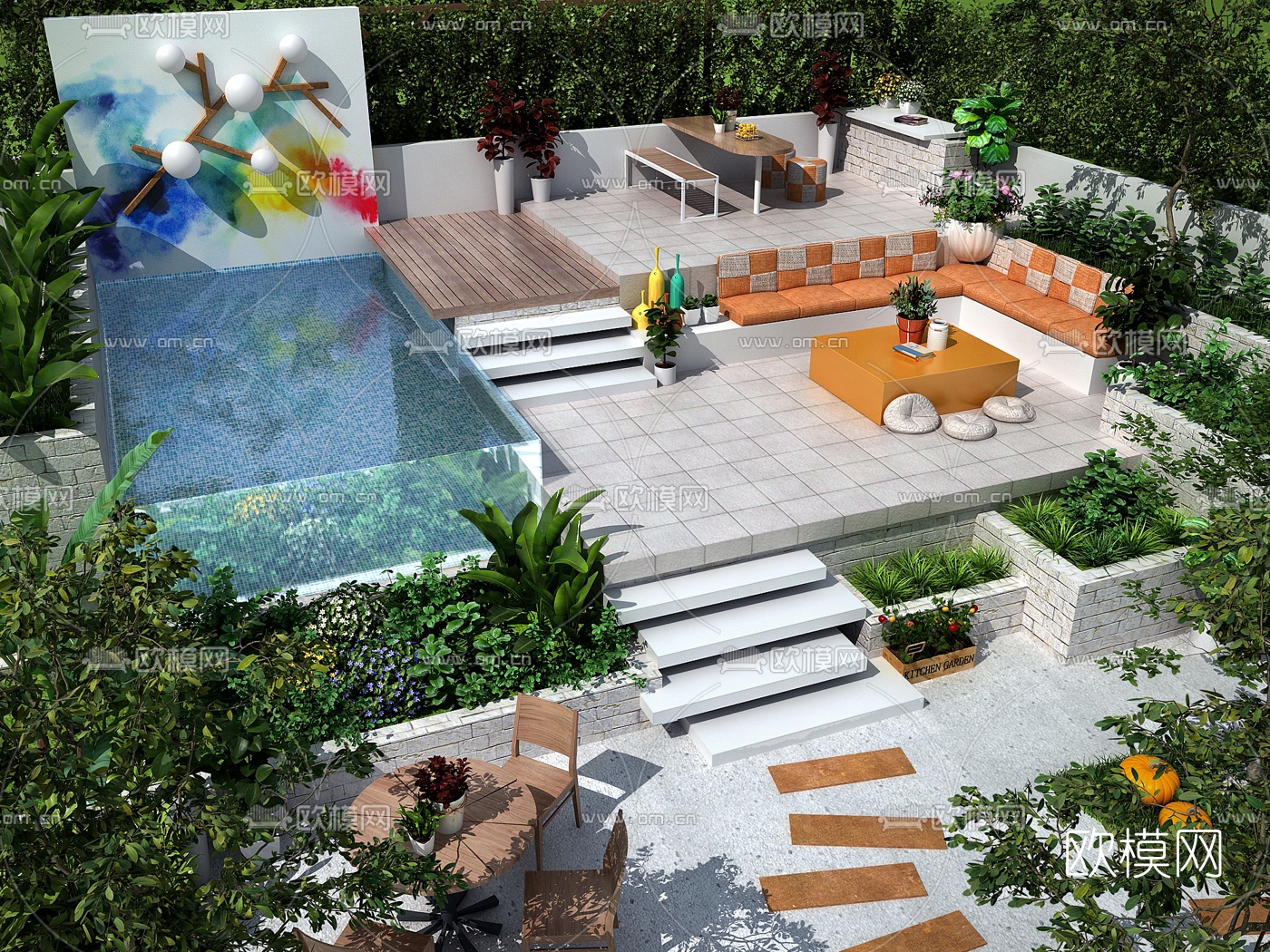 现代别墅庭院花园3d模型