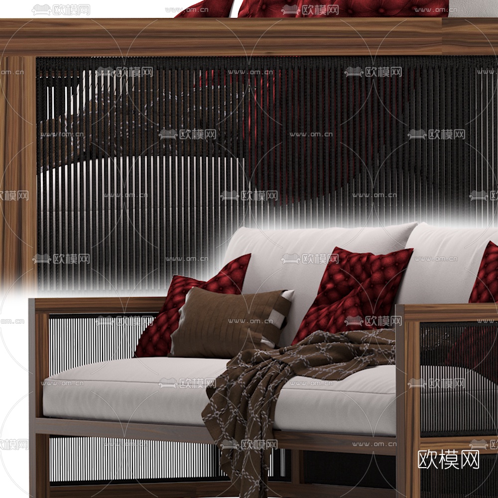 新中式实木多人沙发3d模型下载（渲染图4）