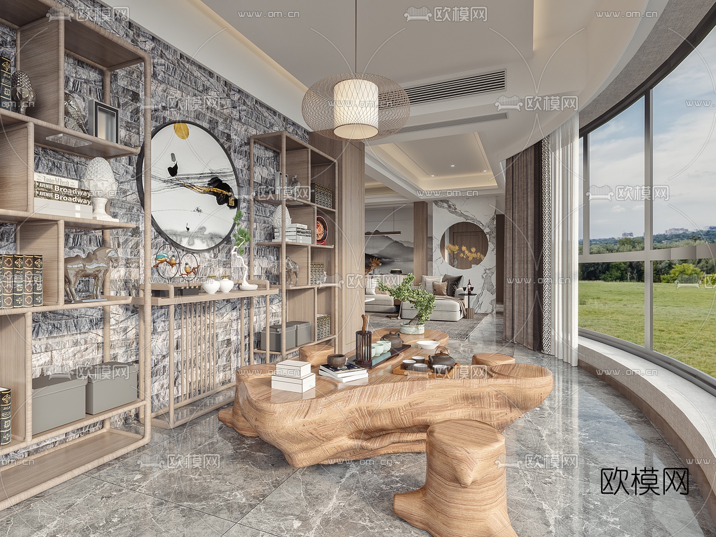 现代轻奢客厅餐厅茶室3d模型下载（渲染图4）
