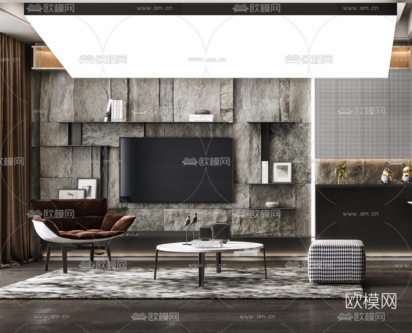 工业风电视背景餐桌椅组合3d模型下载（渲染图3）