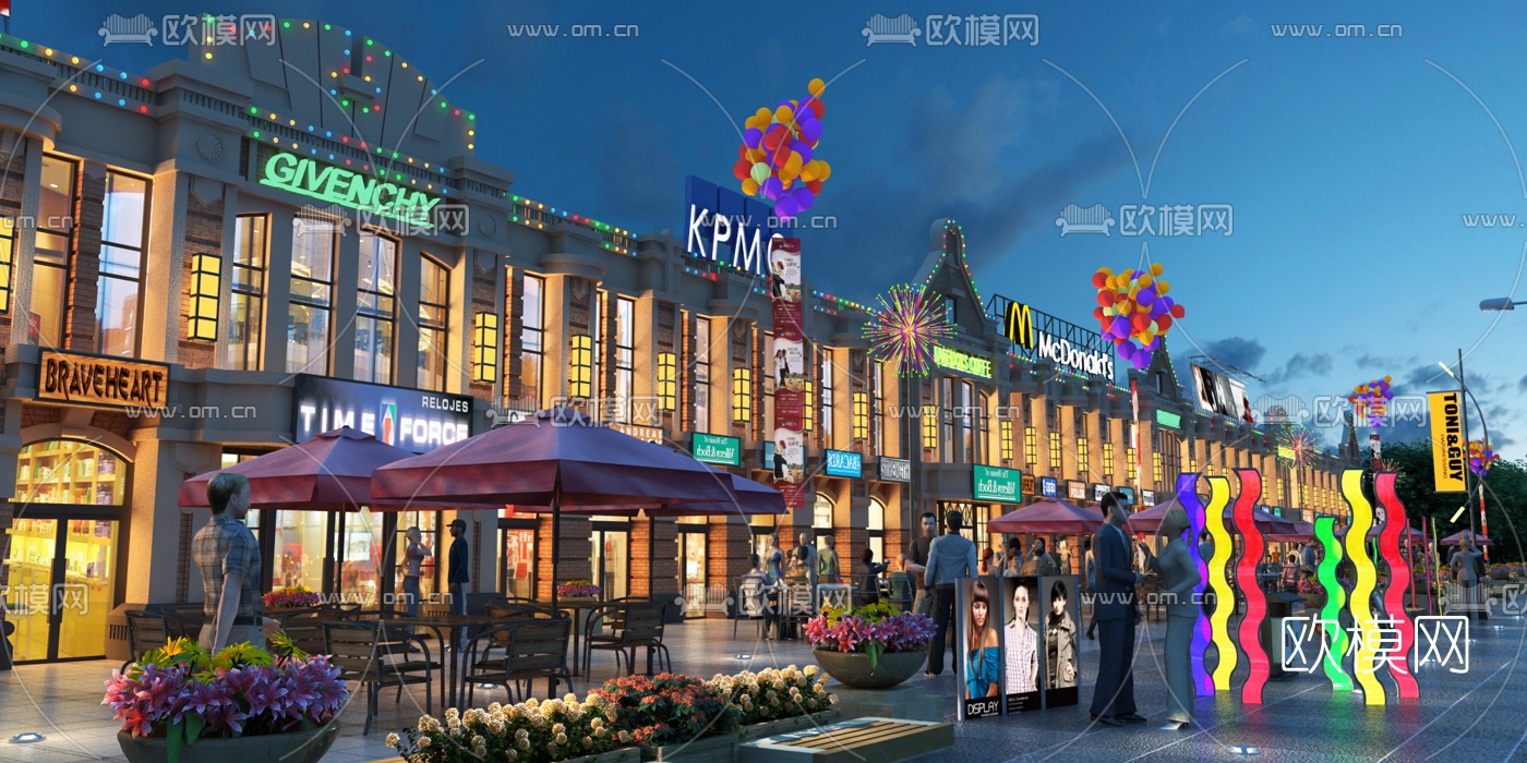 现代商业步行街夜景3d模型