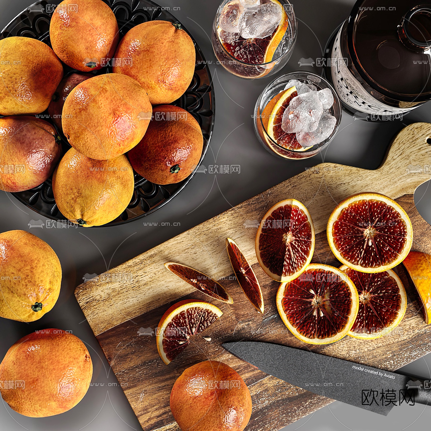 现代金酒酒杯血橙3d模型下载（渲染图2）