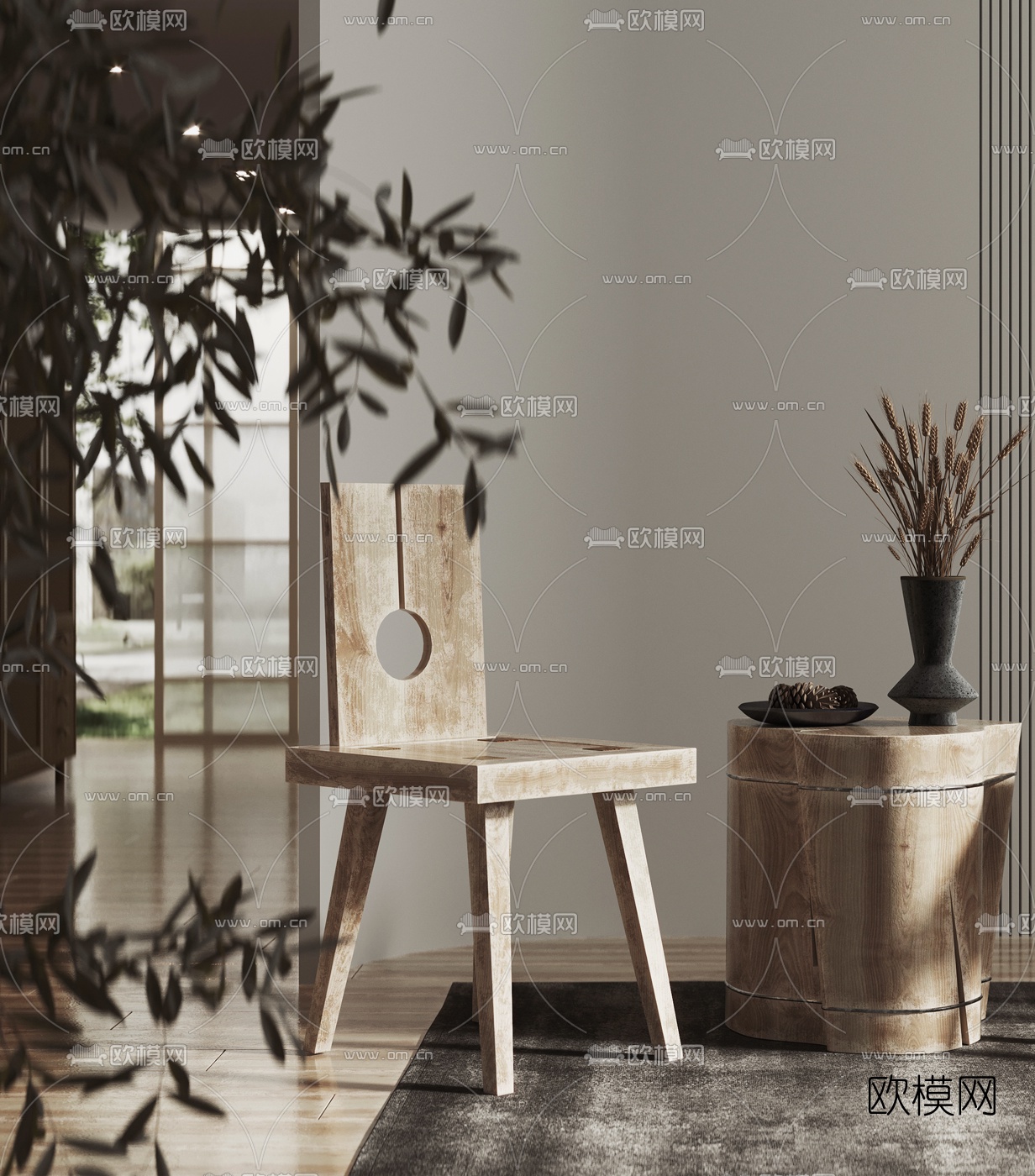 日式侘寂风靠背单椅3d模型下载（渲染图4）