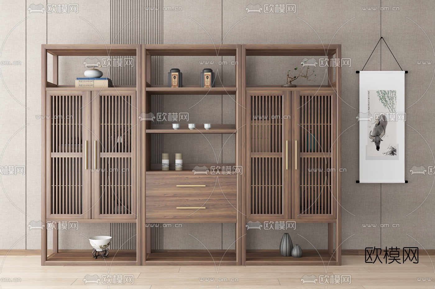 新中式实木博古架3d模型下载