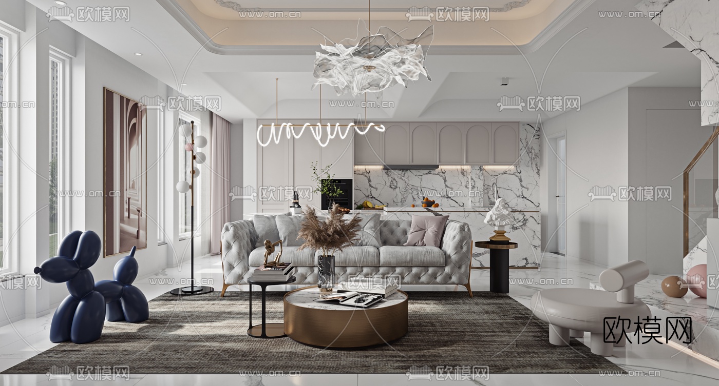 简欧复式轻奢客厅餐厅3d模型下载（渲染图1）