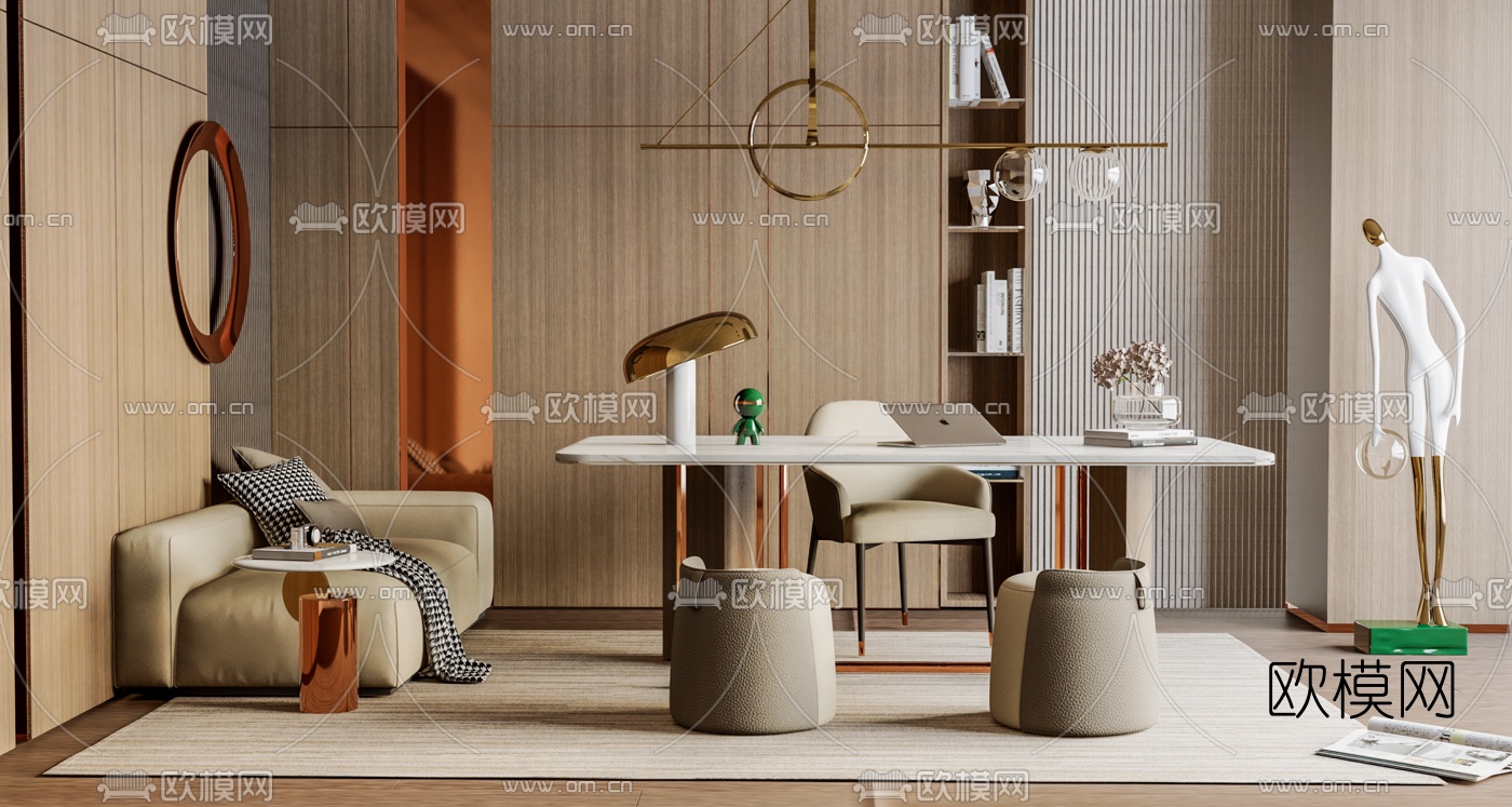 现代书房su模型下载