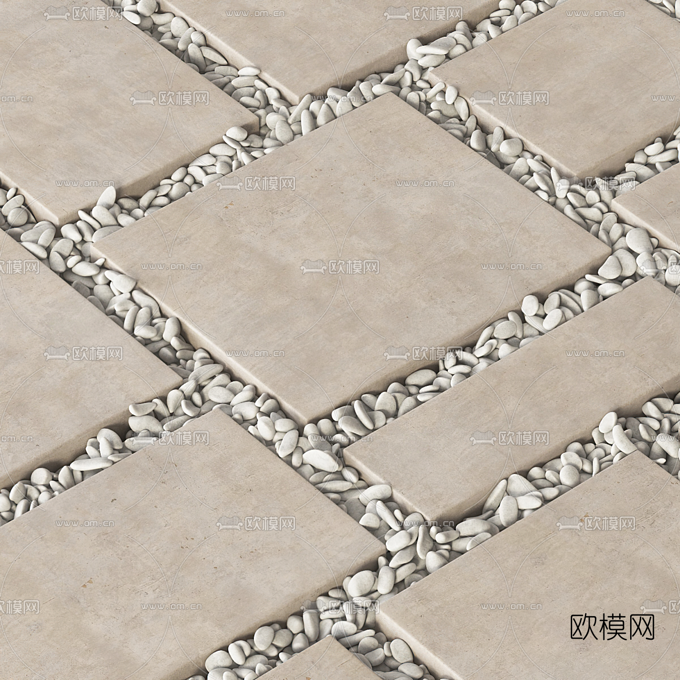 现代鹅卵石石板路小品3d模型下载（渲染图2）