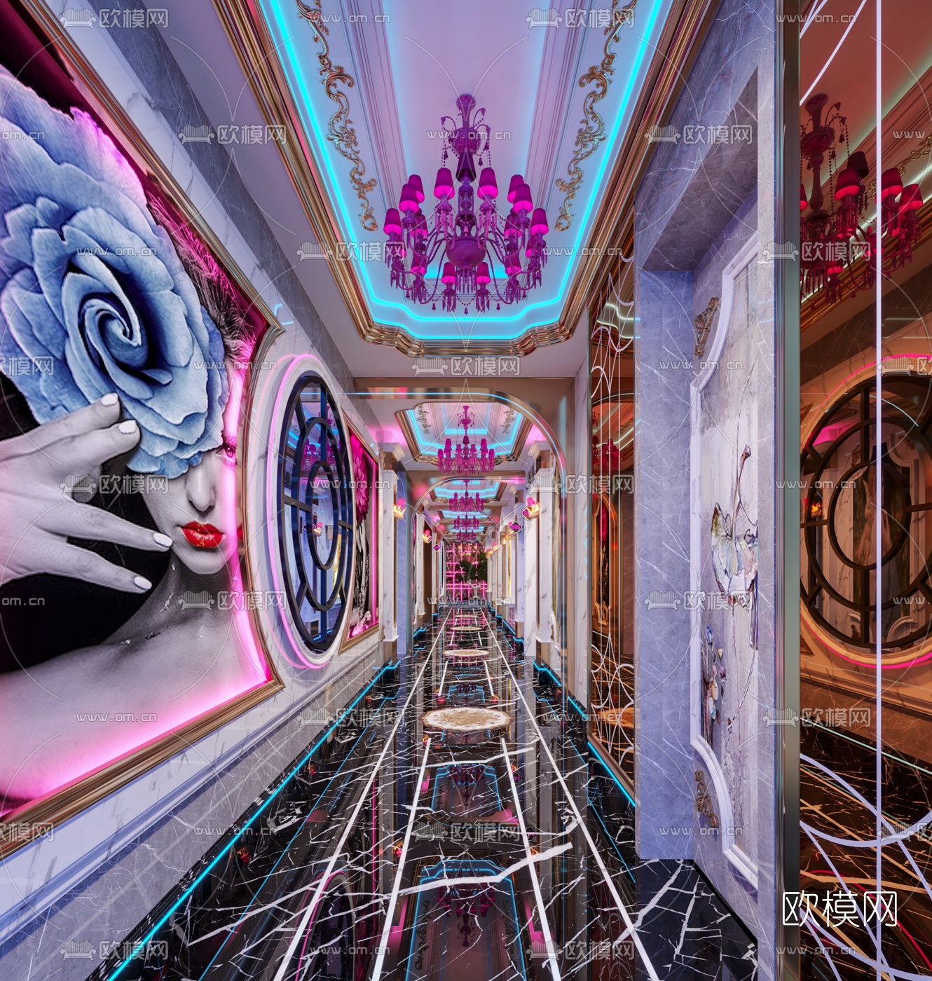 欧式轻奢KTV过道3d模型下载（渲染图3）