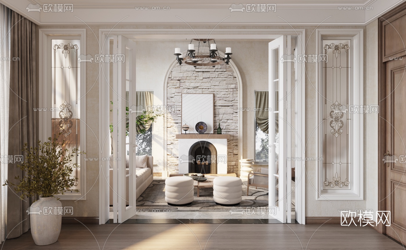 美式别墅客厅卧室3d模型下载（渲染图5）