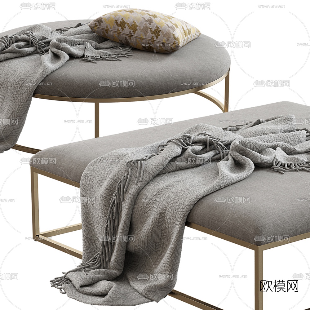 现代布艺床尾凳脚踏3d模型下载（渲染图2）