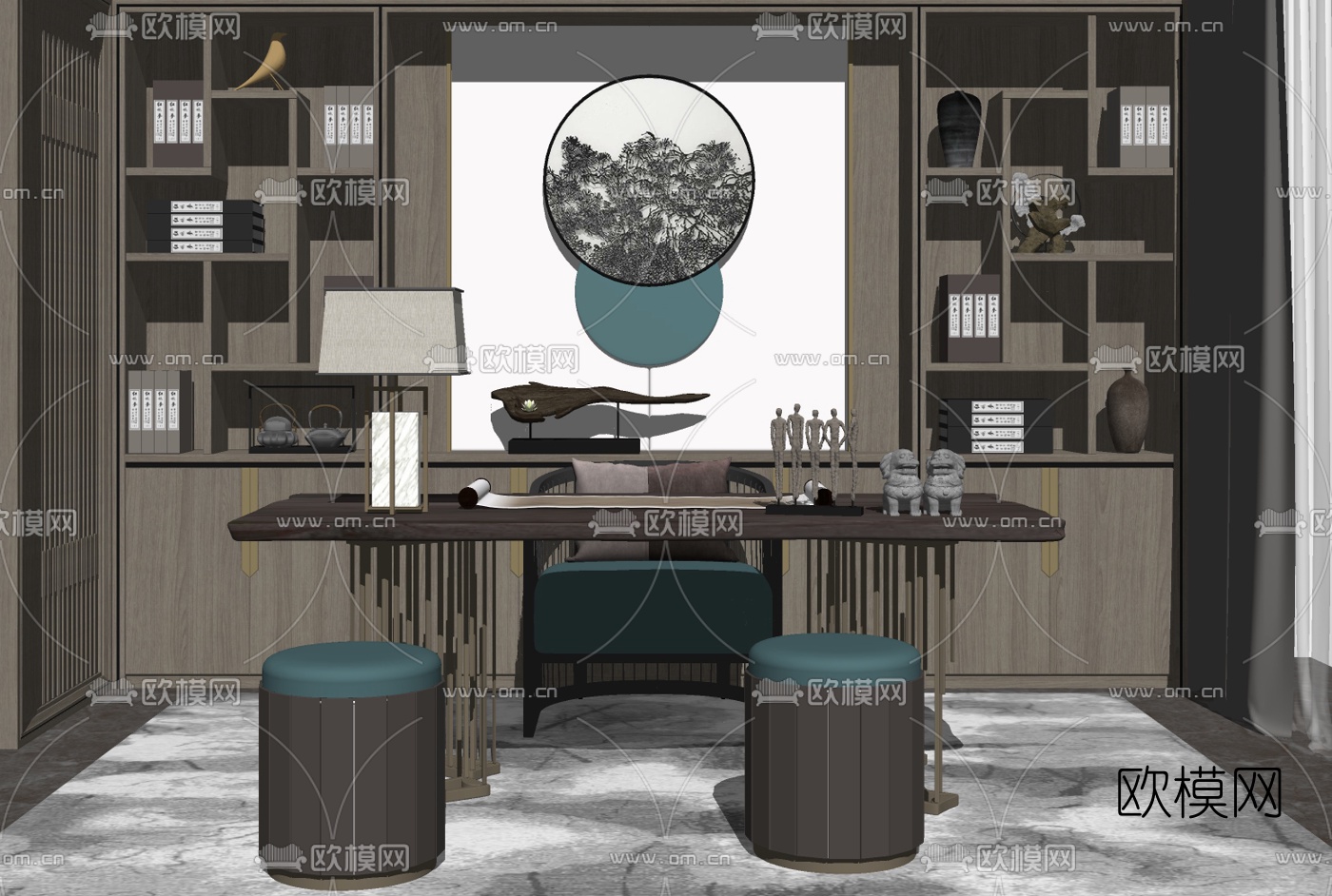 新中式书房su模型下载