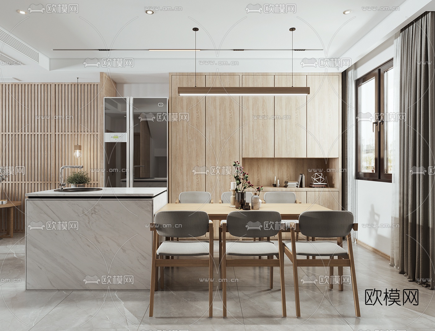 日式客厅餐厅3d模型下载（渲染图2）