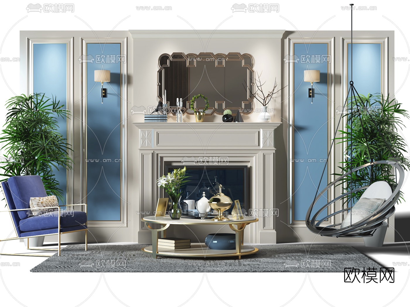 简欧单椅壁炉吊椅组合3d模型下载