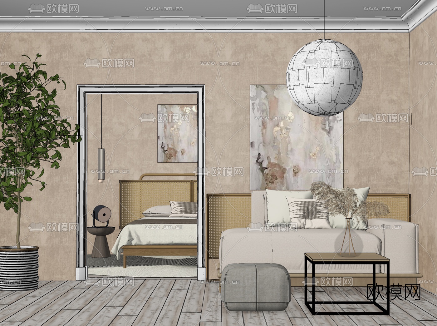 北欧布艺双人床su模型下载（渲染图2）