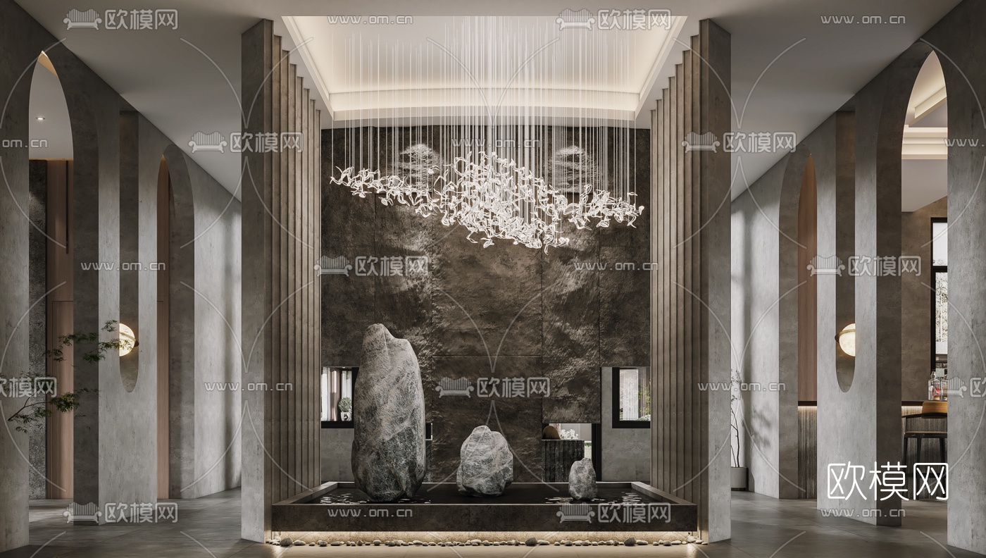 侘寂酒店会所大堂前台中庭休息区3d模型下载（渲染图3）
