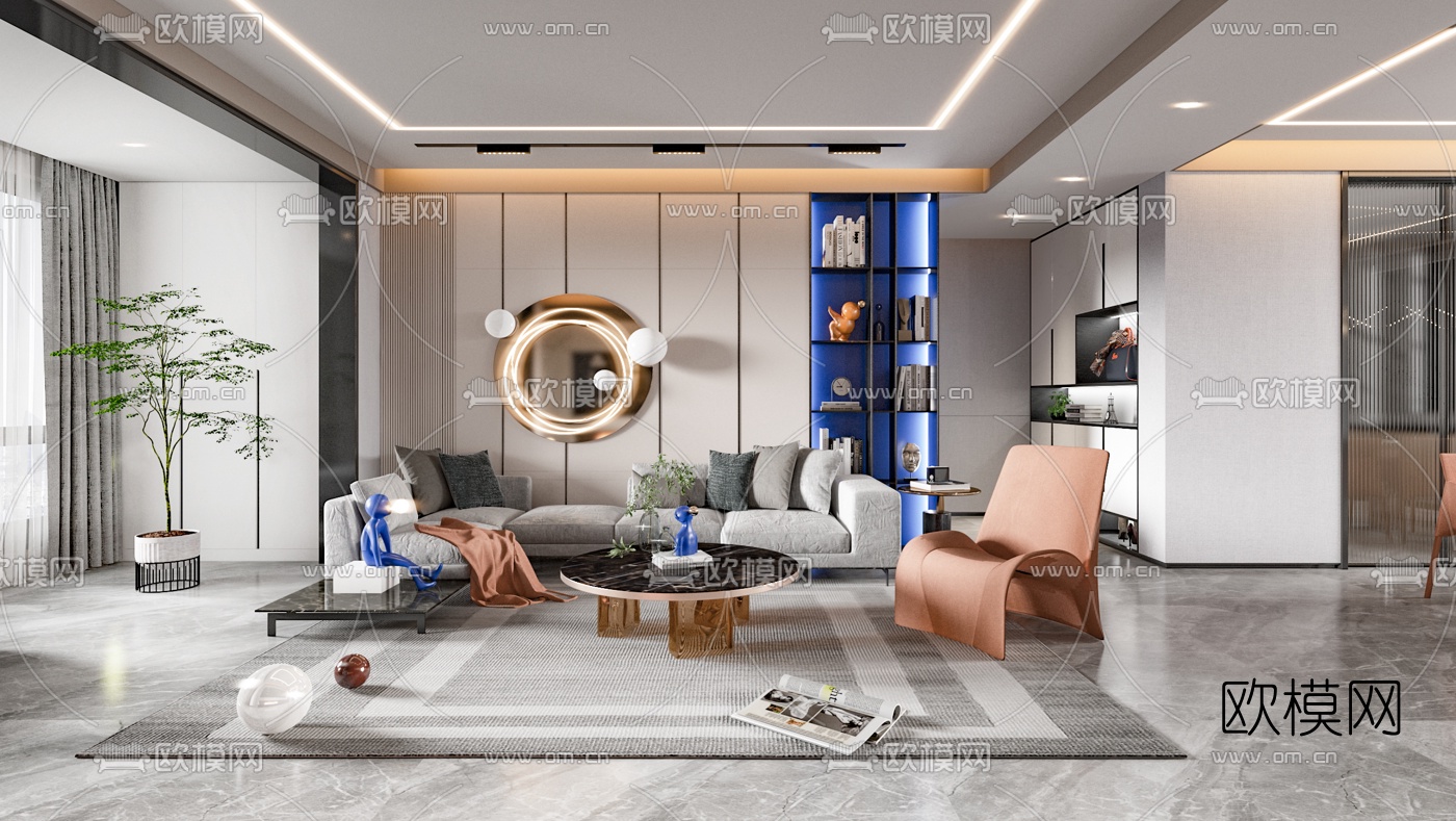 现代轻奢客厅餐厅3d模型下载（渲染图1）