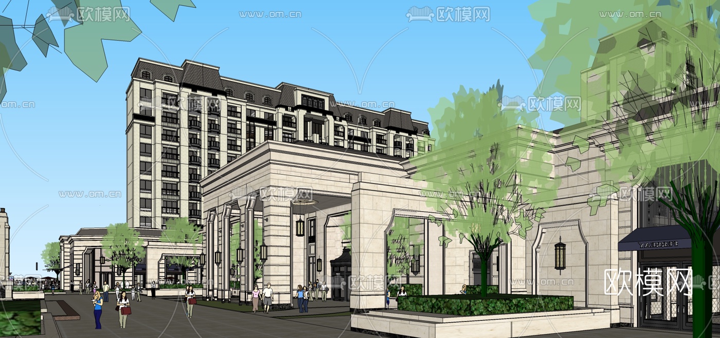 法式公寓楼小区入口外观su模型下载（渲染图1）