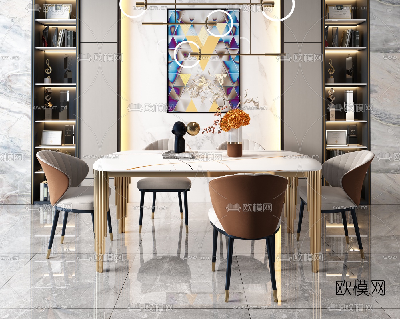 现代轻奢大理石餐桌椅3d模型下载