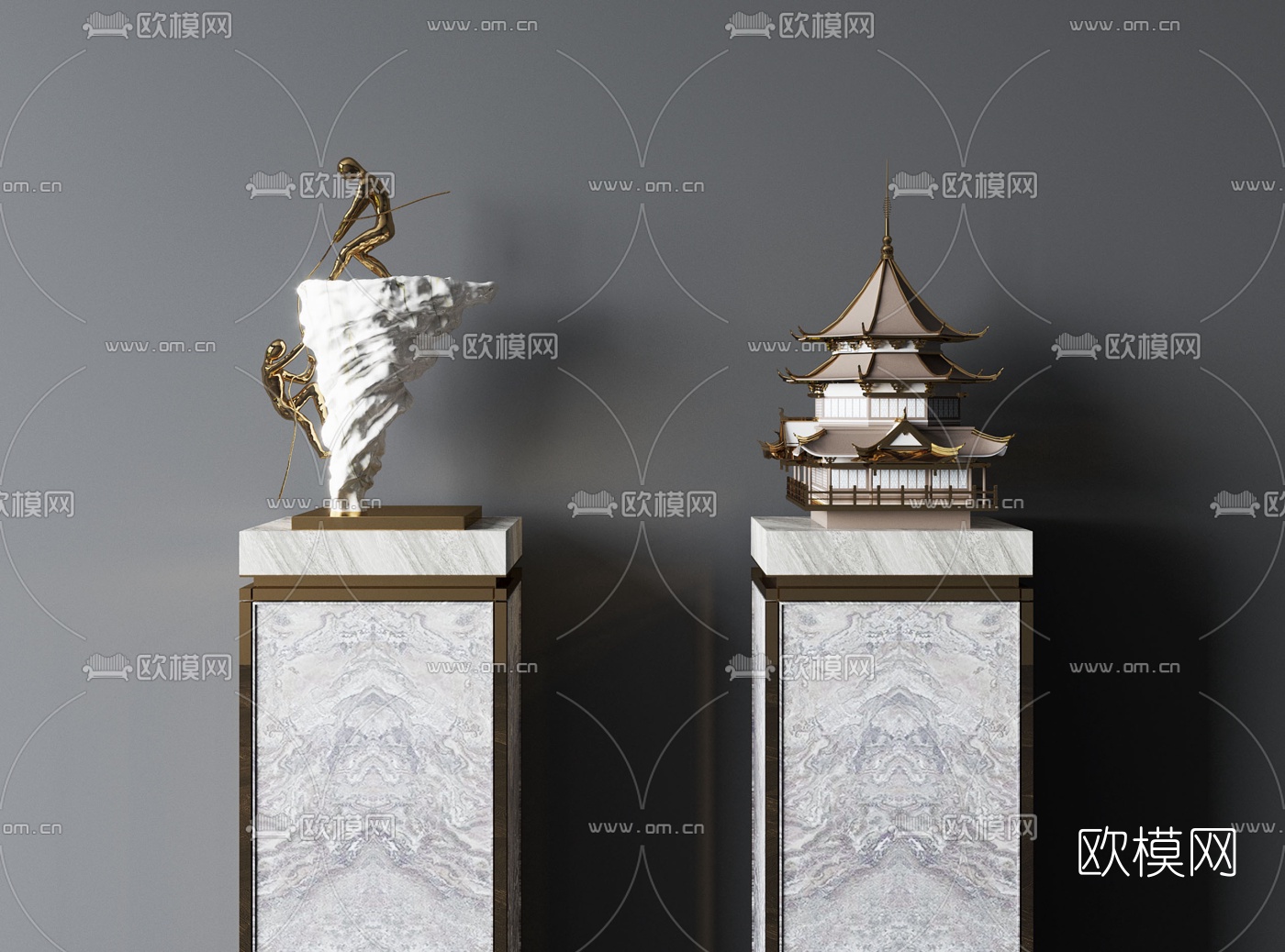 现代轻奢古建筑雕塑3d模型