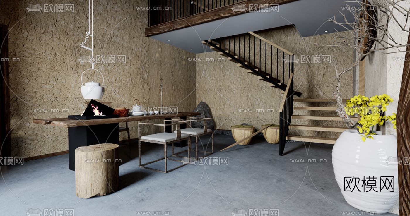 自然风民宿会客厅su模型下载（渲染图2）