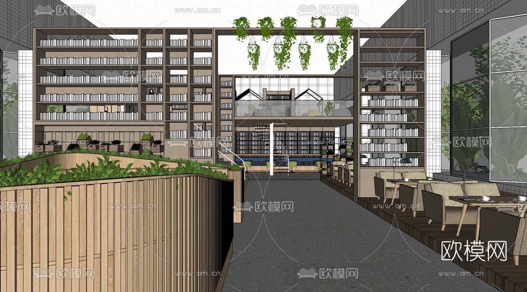 现代书吧书店室内su模型下载（渲染图1）