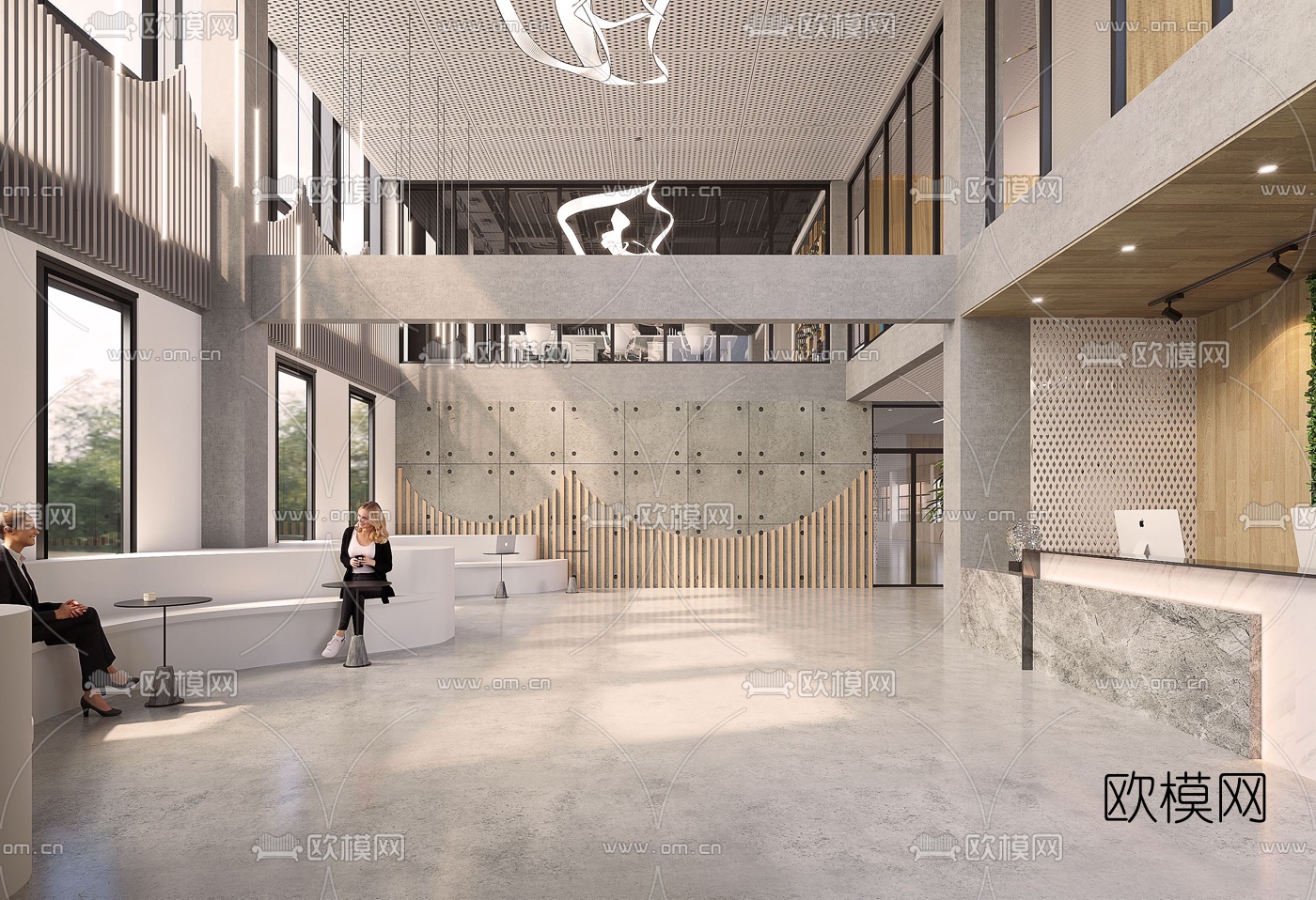 现代办公室大堂前台接待区3d模型下载（渲染图1）