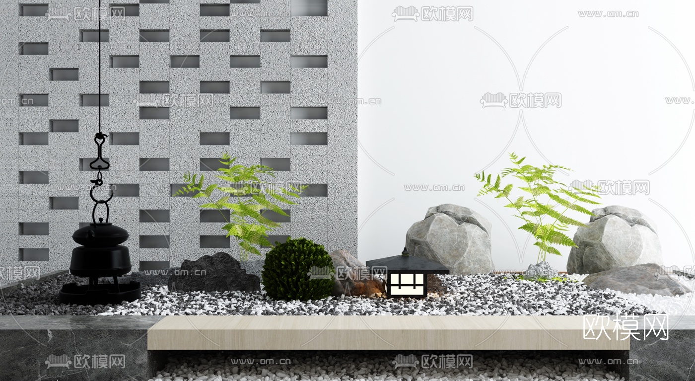 新中式石头灌木景观小品3d模型下载