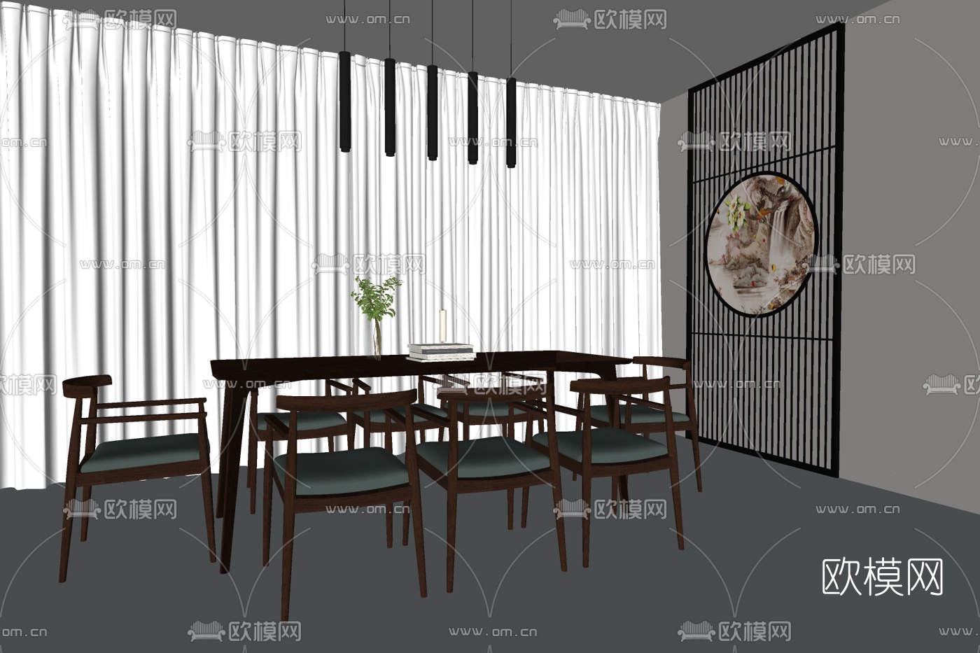 新中式实木餐桌椅su模型下载