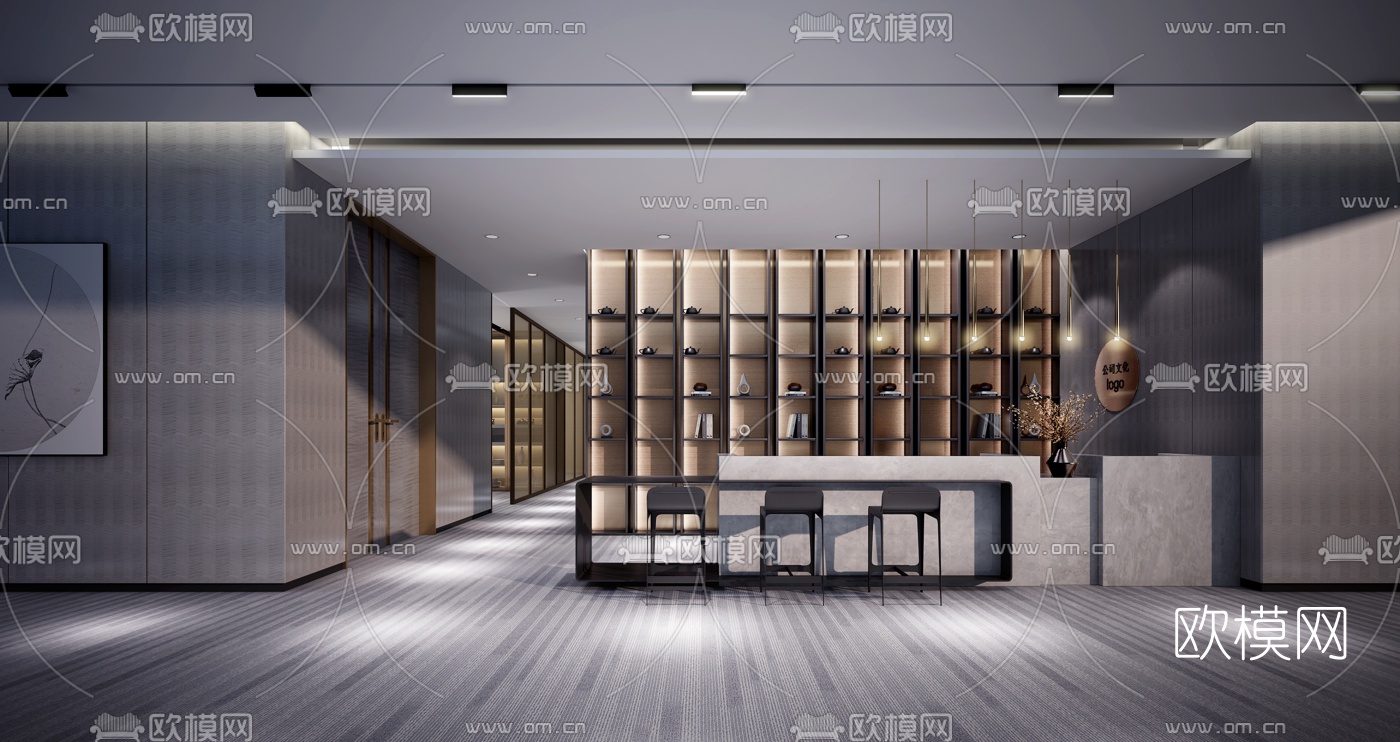 新中式公司前台接待区3d模型下载（渲染图1）