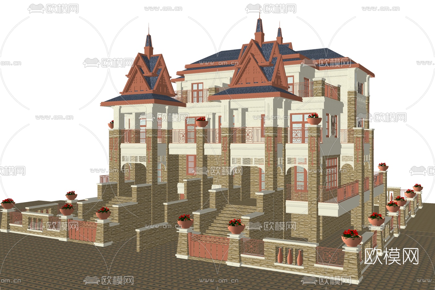 欧式独栋别墅外观su模型下载