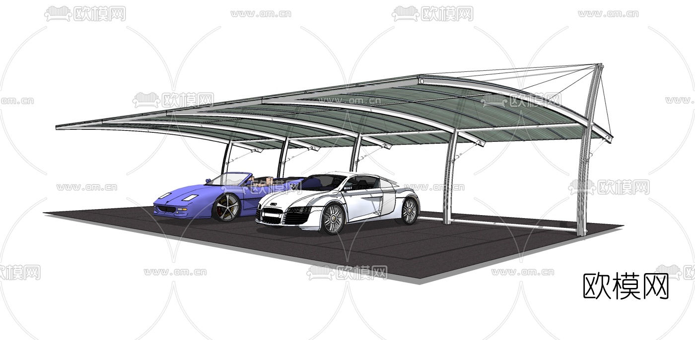 现代停车场车库车棚su模型下载（渲染图1）