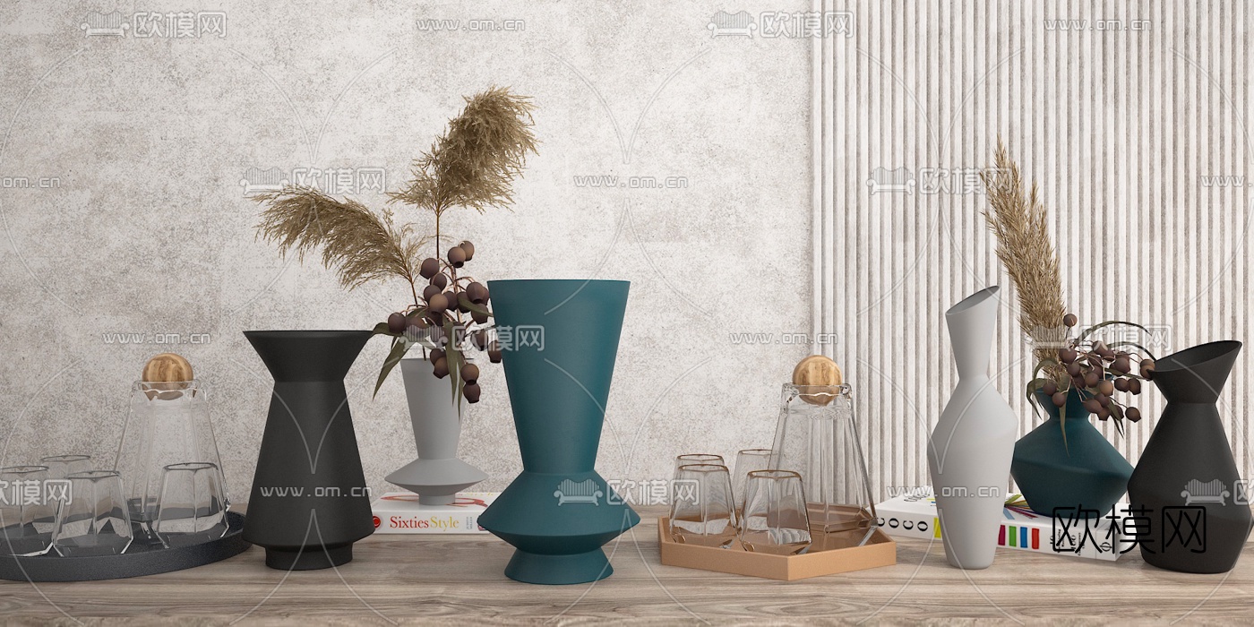 北欧莫兰迪干芦苇花瓶花艺3d模型下载