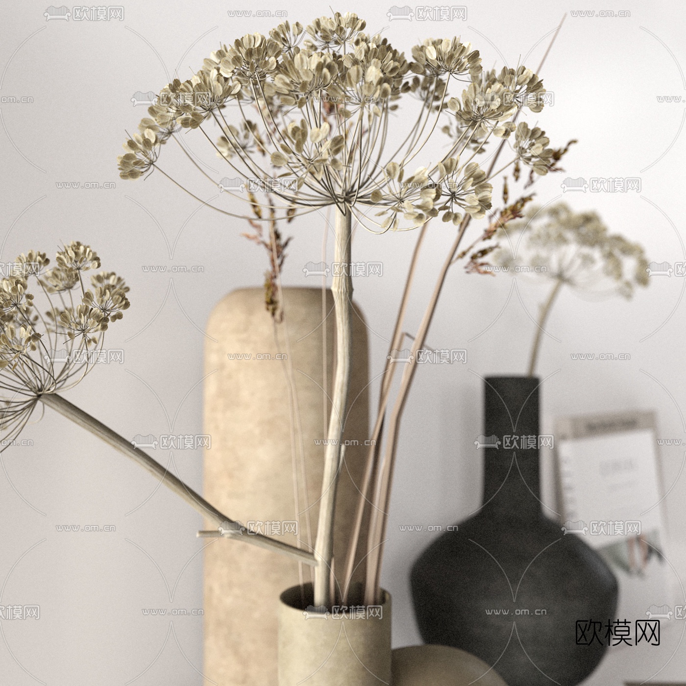 现代干枝花瓶书籍摆件3d模型