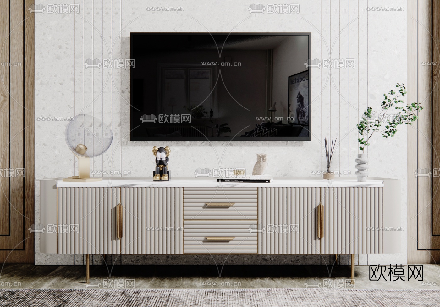 现代轻奢电视柜su模型下载（渲染图1）