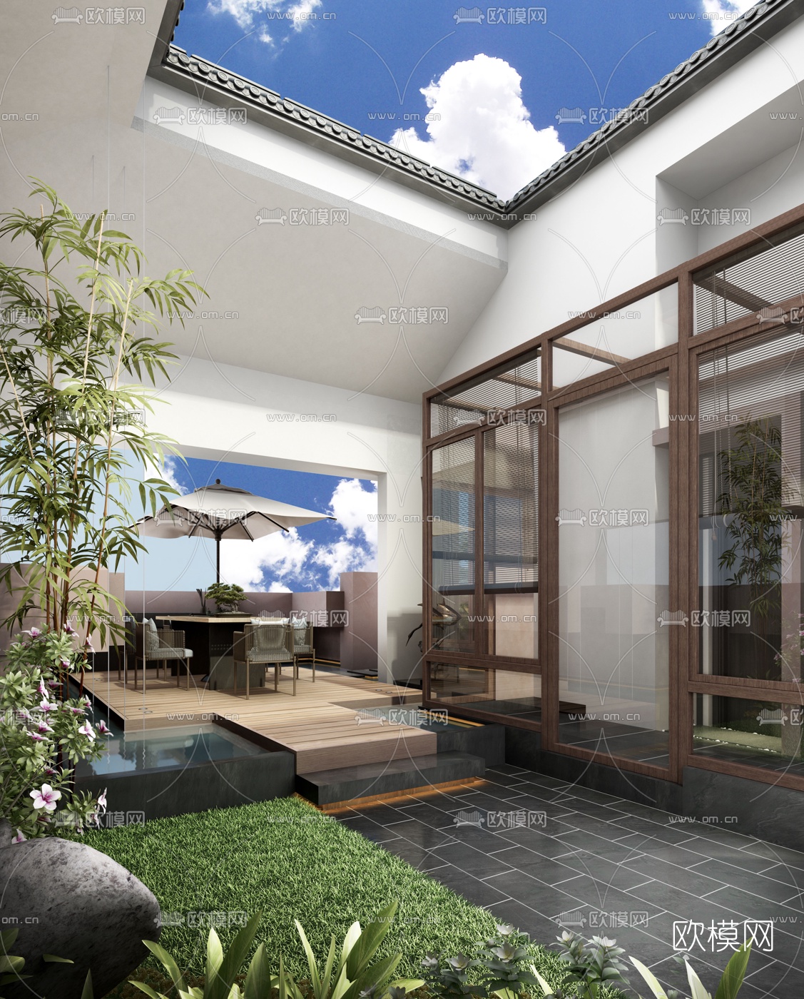新中式别墅庭院3d模型下载（渲染图1）