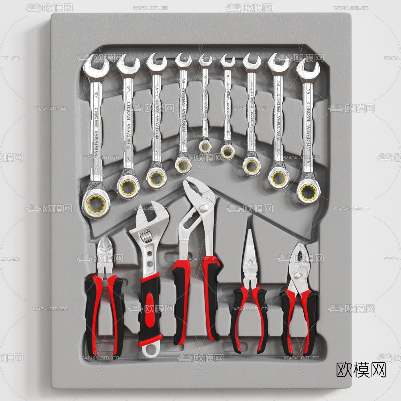 工业风多型号钳子扳手3d模型下载（渲染图1）