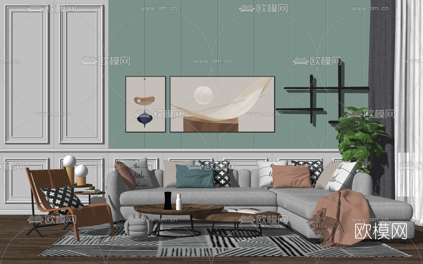 北欧布艺组合沙发su模型下载