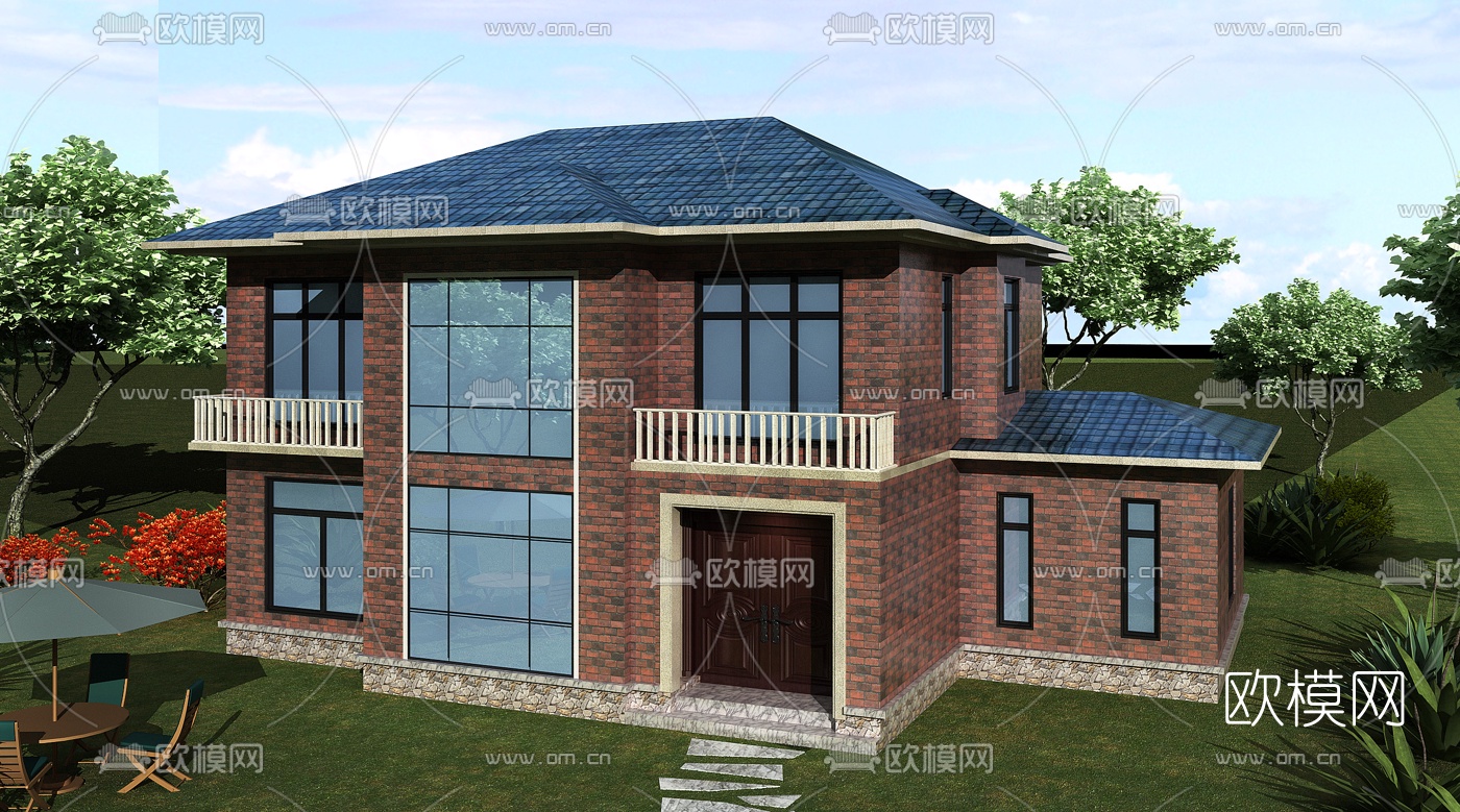 新中式别墅外观免费3d模型下载