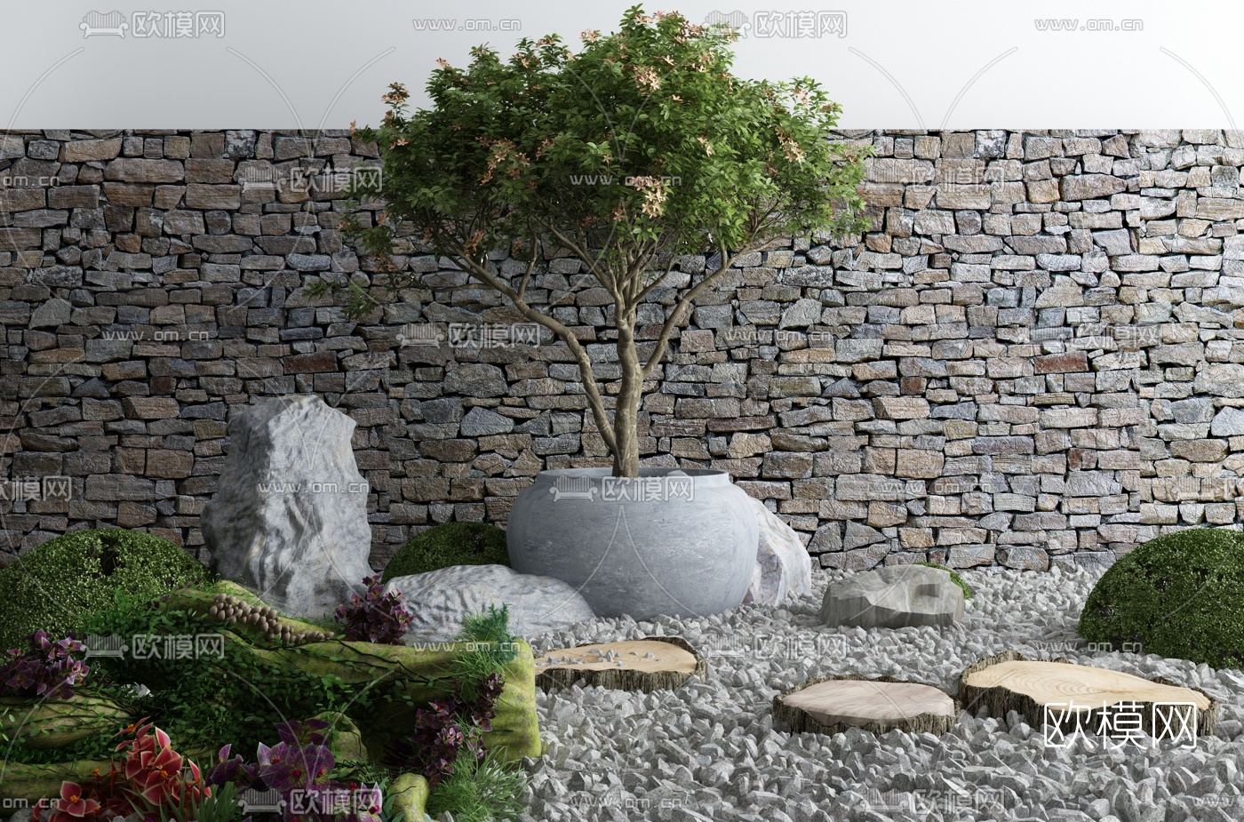 新中式树木花草石墙园艺小品3d模型下载