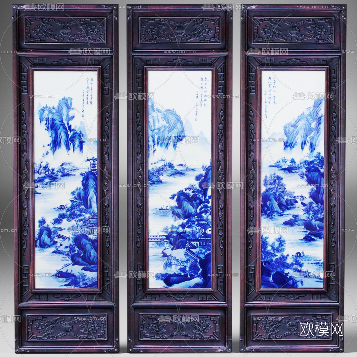 中式青花瓷山水画屏风3d模型下载