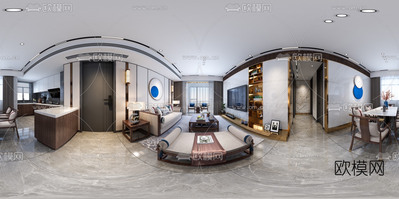 新中式客厅餐厅cr全景3d模型