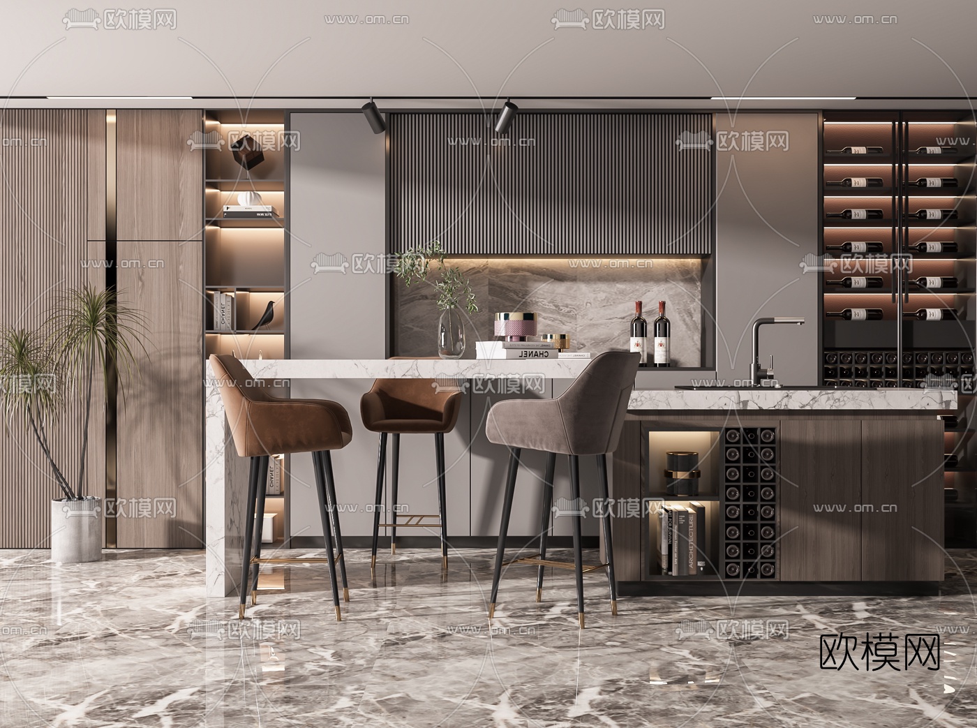 现代吧台中岛台3d模型下载