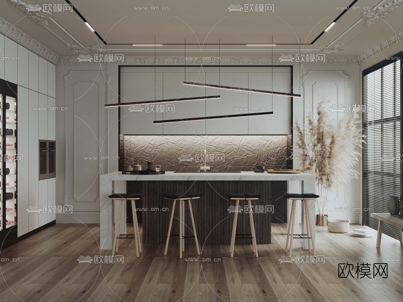 现代开放式厨房中岛柜吧台3d模型下载（渲染图5）