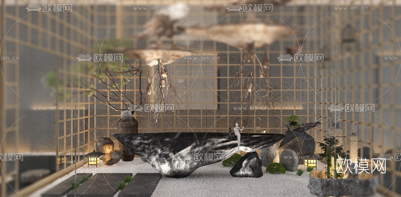 新中式枯山水景观小品3d模型下载（渲染图2）