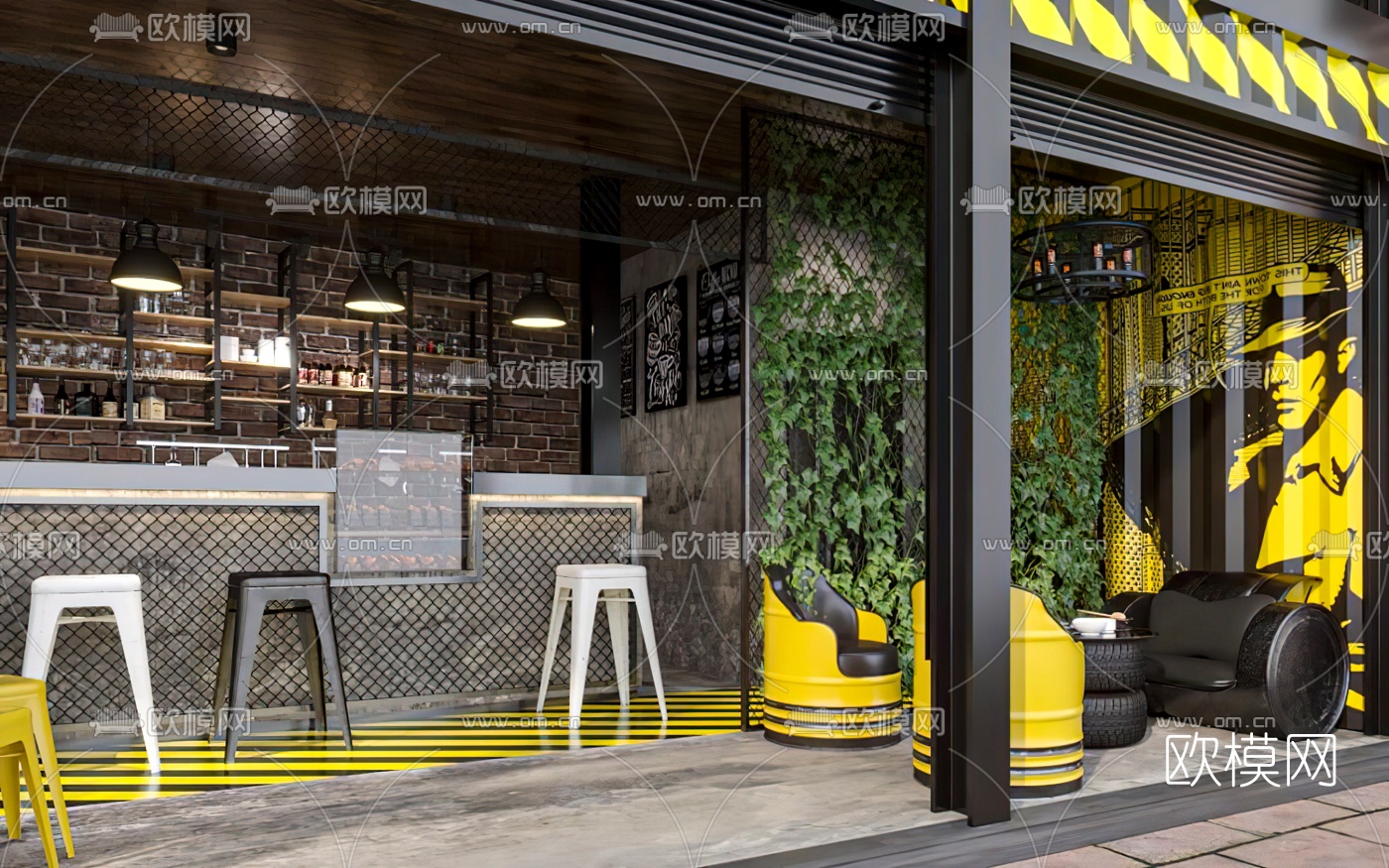 工业风双层咖啡厅3d模型下载（渲染图2）